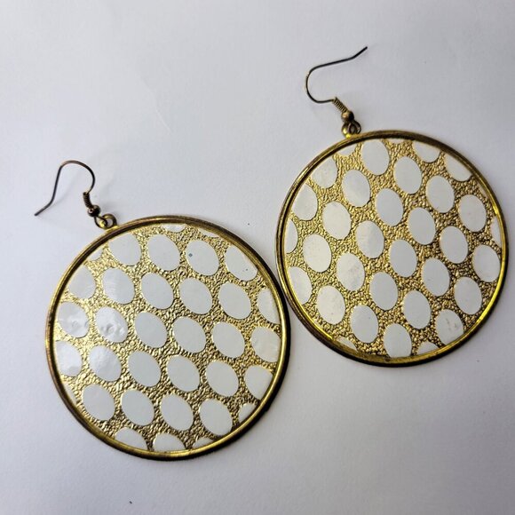 Gold and White Round Earrings Large round Glitter Earrings - Picture 2 of 3